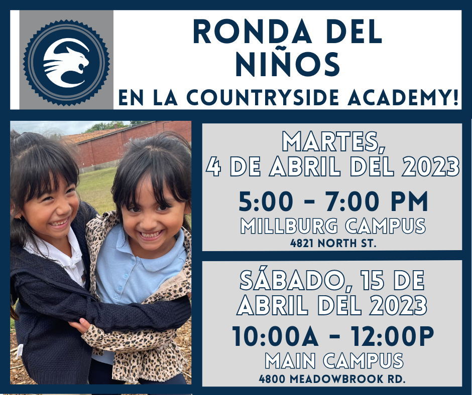 Kindergarten Round up at Countryside Academy Tuesday, April 4 2023 5 to 7 pm and April 15 10am-12pm Main campus